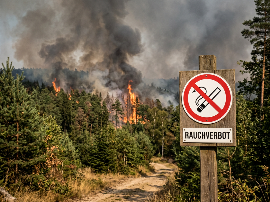 Brennender Wald mit Rauchverbots-Schild